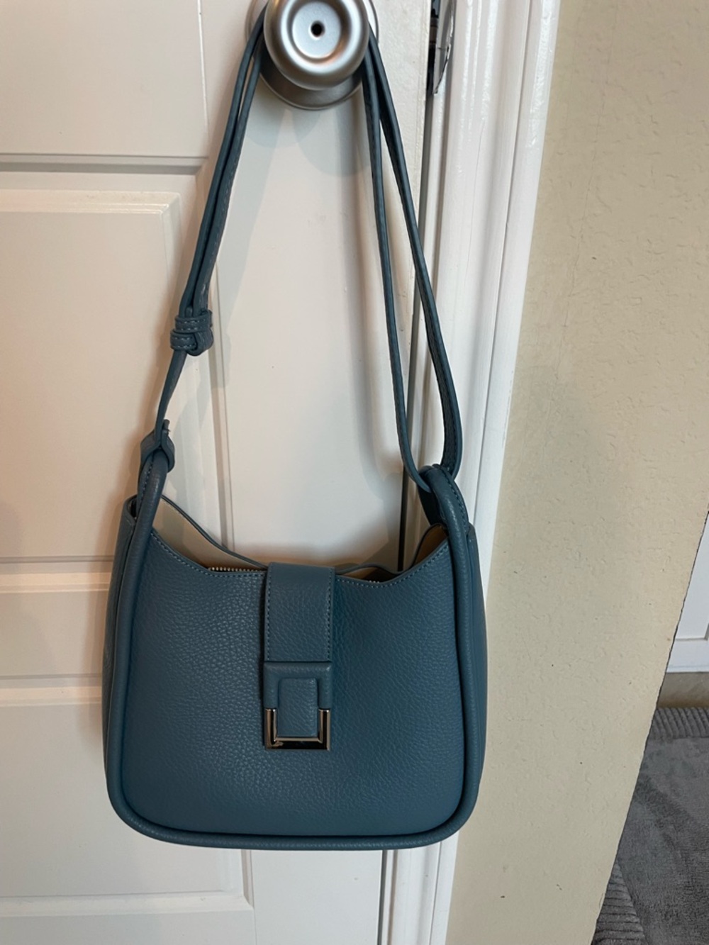 Classic Pebbled Leather Shoulder Bag in Slate Blue